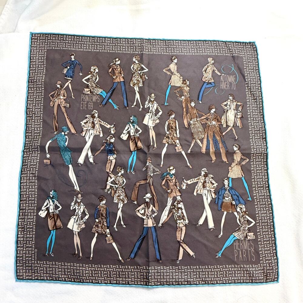 Hermes Paris 'Printemps Ete 69 Automne Hiver 70' 100% Silk Vintage Pocket Square